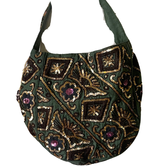 NWOT Phyllis Leibowitz Sequin Boho Small Drawstring Bag Green Gold $349 a26 - Picture 4 of 7